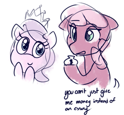 Size: 511x475 | Tagged: safe, artist:lilfunkman, imported from derpibooru, cheerilee, diamond tiara, pony, bribery, bust, cheerilee is not amused, cheerilee is unamused, cute, dialogue, diamondbetes, doodle, floppy ears, money, money bag, portrait, simple background, white background