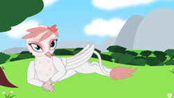 Size: 7680x4320 | Tagged: safe, artist:waveywaves, imported from derpibooru, oc, oc only, oc:rose, griffon, chest fluff, flower, griffon oc, mountain, scenery, solo, tree