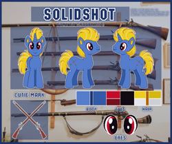 Size: 791x660 | Tagged: safe, artist:angelina-pax, imported from derpibooru, oc, oc only, oc:solidshot, unicorn, cutie mark, horn, musket, reference sheet, unicorn oc