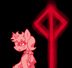 Size: 640x600 | Tagged: safe, artist:ficficponyfic, imported from derpibooru, part of a set, oc, oc only, oc:antoine clovenheimer, unicorn, cyoa:madness in mournthread, background of darkness, black background, collar, cyoa, dark around eyes, ears up, glowing runes, messy mane, monochrome, mystery, necktie, open mouth, part of a series, runes, simple background, story included, tense