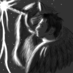 Size: 300x300 | Tagged: artist needed, safe, imported from derpibooru, princess luna, alicorn, human, pony, black and white, comforting, grayscale, hug, lowres, monochrome, night, stars