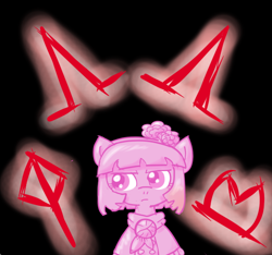 Size: 640x600 | Tagged: safe, artist:ficficponyfic, imported from derpibooru, part of a set, oc, oc only, oc:mulberry telltale, cyoa:madness in mournthread, clothes, cyoa, flower, glowing runes, headband, mystery, neckerchief, part of a series, runes, shawl, story included, suspicious, wondering