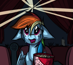 Size: 1131x1000 | Tagged: artist needed, safe, imported from derpibooru, rainbow dash, pegasus, pony, cinema, crying, female, floppy ears, food, movie theatre, open mouth, popcorn, solo, teary eyes