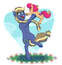 Size: 1024x1072 | Tagged: safe, artist:faitheverlasting, imported from derpibooru, oc, oc only, oc:juniper berry, oc:pippin, pony, bipedal, cousins, female, filly, holding a pony, offspring, parent:apple bloom, parent:applejack, parent:oc:ash bark, parent:tender taps, parents:canon x oc, parents:tenderbloom, simple background, transparent background