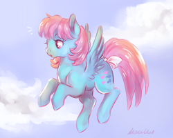 Size: 3000x2400 | Tagged: safe, artist:buttersprinkle, imported from derpibooru, wind whistler, pegasus, pony, bow, cloud, female, flying, g1, g1 to g4, g4, generation leap, open mouth, sky, solo, spread wings, tail bow, wings