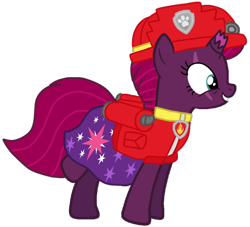 Size: 1102x1001 | Tagged: safe, artist:徐詩珮, imported from derpibooru, fizzlepop berrytwist, tempest shadow, pony, unicorn, series:sprglitemplight diary, series:sprglitemplight life jacket days, series:springshadowdrops diary, series:springshadowdrops life jacket days, alternate universe, base used, clothes, cute, marshall (paw patrol), paw patrol, simple background, transparent background