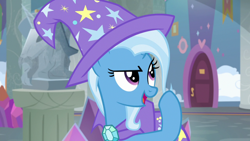 Size: 1920x1080 | Tagged: safe, imported from derpibooru, screencap, trixie, pony, unicorn, a horse shoe-in, cape, clothes, female, hat, mare, solo, trixie's cape, trixie's hat