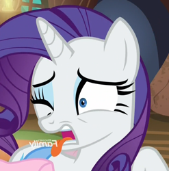 Size: 712x720 | Tagged: safe, edit, imported from derpibooru, screencap, rarity, pony, cropped, discovery family logo, female, licking the fourth wall, mirrored, solo, tongue out