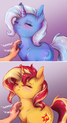 Size: 1128x2056 | Tagged: safe, artist:buttersprinkle, edit, imported from derpibooru, sunset shimmer, trixie, human, pony, unicorn, abstract background, bacon hair, behaving like a cat, blushing, cheek fluff, chest fluff, cute, diatrixes, disembodied hand, ear fluff, eyelashes, eyes closed, female, fluffy, food, gradient background, gray background, hand, mare, neck fluff, offscreen character, offscreen human, onomatopoeia, purring, scratching, shimmerbetes, simple background, smiling, solo focus, sound effects, wavy mouth, weapons-grade cute