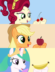 Size: 4600x6000 | Tagged: safe, artist:parclytaxel, imported from derpibooru, applejack, cherry jubilee, princess celestia, alicorn, earth pony, pony, .svg available, absurd resolution, apple, banana, bananalestia, cherry, female, food, herbivore, hoof hold, mare, open mouth, patreon, pixiv, smiling, vector