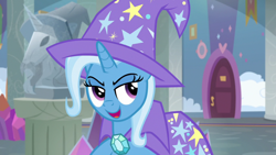 Size: 1920x1080 | Tagged: safe, imported from derpibooru, screencap, trixie, pony, unicorn, a horse shoe-in, cape, clothes, female, gem, hat, lidded eyes, mare, open mouth, school of friendship, solo, trixie's cape, trixie's hat