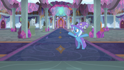 Size: 1280x720 | Tagged: safe, imported from derpibooru, screencap, trixie, pony, unicorn, a horse shoe-in, bipedal, cape, clothes, crystal, female, hat, hooves in air, mare, rearing, school of friendship, solo, spreading, trixie's cape, trixie's hat