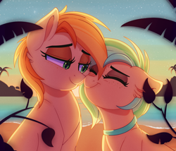 Size: 1260x1080 | Tagged: safe, artist:thegamblehorse, imported from derpibooru, oc, oc only, oc:minty pop, oc:parlay, earth pony, pony, beach, choker, cute, eyes closed, female, freckles, jewelry, lesbian, mare, necklace, nuzzling, oc x oc, ocean, parpop, shipping, sunset