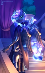 Size: 2000x3232 | Tagged: safe, artist:jedayskayvoker, imported from derpibooru, princess luna, alicorn, anthro, armor, looking at you, male, patreon, prince artemis, rule 63, solo, stallion