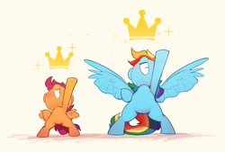 Size: 1624x1096 | Tagged: safe, artist:luciferamon, imported from derpibooru, rainbow dash, scootaloo, pegasus, pony, bipedal, crown, cute, cutealoo, dashabetes, duo, female, filly, jewelry, mare, nose in the air, pose, smiling