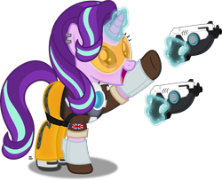 Size: 2712x2210 | Tagged: safe, artist:anime-equestria, imported from derpibooru, starlight glimmer, pony, unicorn, clothes, cosplay, costume, crossover, ear piercing, goggles, gun, handgun, happy, high res, horn, levitation, magic, overwatch, piercing, pistol, simple background, solo, telekinesis, tracer, transparent background, union jack, vector, weapon