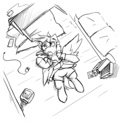 Size: 4000x4000 | Tagged: safe, artist:captainhoers, imported from derpibooru, oc, oc:cutting chipset, pegasus, pony, biohazard, briefcase, carpet, cellphone, charger, floor, lying down, phone, sad, sierra nevada, smartphone, table