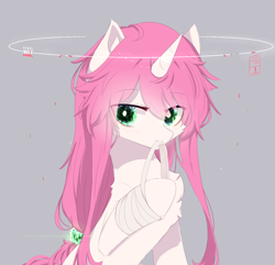 Size: 1350x1300 | Tagged: safe, artist:heddopen, imported from derpibooru, oc, oc only, unicorn, bandage, chest fluff, crystal, crystal eyes, female, looking at you