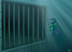 Size: 680x496 | Tagged: safe, artist:luminousdazzle, imported from derpibooru, oc, oc only, pegasus, pony, bubble, darkness, female, lighting, mare, oc name needed, solo, stunned, submechanophobia, swimming pool, underwater, vents