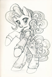 Size: 800x1188 | Tagged: safe, artist:maytee, imported from derpibooru, pinkie pie, earth pony, pony, bipedal, cap, clothes, female, grayscale, hat, hoodie, jacket, monochrome, pants, pencil drawing, rearing, solo, traditional art