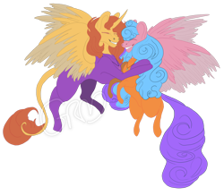 Size: 1280x1120 | Tagged: safe, artist:grimmjawls, imported from derpibooru, oc, oc only, oc:aspen, oc:bella pinksavage, alicorn, pegasus, alicorn oc, bodysuit, catsuit, eyes closed, female, flying, hippie, horn, jewelry, necklace, peace suit, peace symbol, pegasus oc, sibling love, siblings, simple background, sisterly love, sisters, smiling, transparent background, wings