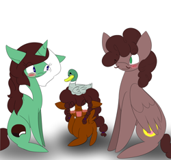 Size: 1280x1195 | Tagged: safe, artist:kaggy009, imported from derpibooru, oc, oc:bo diddly, oc:peppermint pattie (unicorn), bird, duck, pegasus, pony, unicorn, ask peppermint pattie, female, filly, male, mare, stallion