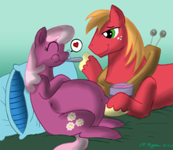 Size: 900x780 | Tagged: safe, artist:necrofeline, imported from derpibooru, big macintosh, cheerilee, earth pony, pony, a better ending for cheerilee, belly, belly button, big belly, cheerimac, feeding, female, food, heart, ice cream, male, mare, outie belly button, pillow, pregnant, pregnant cheerilee, shipping, smiling, stallion, straight