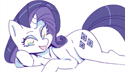 Size: 721x415 | Tagged: safe, artist:chapaghettii, imported from derpibooru, rarity, pony, unicorn, cute, female, looking at you, mare, open mouth, prone, raribetes, simple background, smiling, solo, white background