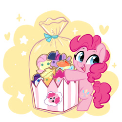 Size: 1200x1200 | Tagged: safe, artist:colorfulcolor233, artist:oofycolorful, imported from derpibooru, applejack, fluttershy, pinkie pie, rainbow dash, rarity, twilight sparkle, pony, bag, bipedal, chibi, cute, diapinkes, heart, mane six, open mouth, smiling, solo, stars, ych example, your character here