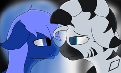 Size: 1600x972 | Tagged: safe, artist:thekamko, derpibooru exclusive, imported from derpibooru, oc, oc only, oc:kamko blueblood, oc:zaltuga, bat pony, dracony, dragon, hybrid, pony, zebra, bite mark, bust, colored pupils, duo, fangs, floppy ears, heart, looking at each other, side view, smiling