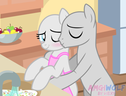 Size: 2079x1578 | Tagged: safe, artist:amgiwolf, imported from derpibooru, oc, oc only, earth pony, pony, apple, apron, bald, base, bipedal, blushing, bowl, cheek kiss, clothes, commission, earth pony oc, eyes closed, food, housewife, kiss on the cheek, kissing, kitchen, oc x oc, one eye closed, shipping, sink, smiling, watermark, wink, your character here