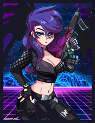 Size: 2328x3000 | Tagged: safe, artist:ciderpunk, imported from derpibooru, rarity, human, 80s, amputee, blood dragon, clothes, cyberpunk, far cry 3, far cry blood dragon, fingerless gloves, gloves, gun, high res, humanized, poster, prosthetic eye, prosthetic limb, prosthetics, retrowave, synthwave, weapon