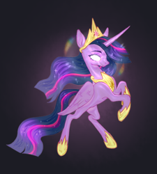 Size: 900x1000 | Tagged: safe, artist:2zik, imported from derpibooru, twilight sparkle, alicorn, pony, the last problem, black background, crown, female, glowing eyes, hoof shoes, jewelry, mare, peytral, princess twilight 2.0, rainbow, rearing, regalia, simple background, solo, twilight sparkle (alicorn)