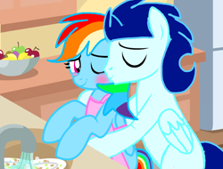 Size: 1896x1440 | Tagged: safe, artist:mlplary6, imported from derpibooru, rainbow dash, soarin', pegasus, pony, apple, apron, base used, bipedal, blushing, bowl, cheek kiss, clothes, eyes closed, female, food, housewife, hug, hug from behind, kiss on the cheek, kissing, kitchen, male, mare, one eye closed, shipping, sink, smiling, soarindash, stallion, straight, tomboy taming, wink