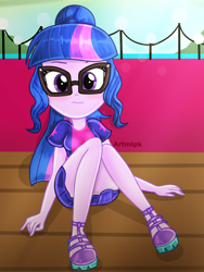 Size: 1536x2048 | Tagged: safe, artist:artmlpk, imported from derpibooru, sci-twi, twilight sparkle, equestria girls, equestria girls series, spring breakdown, spoiler:eqg series (season 2), adorable face, adorasexy, adorkable, beautiful, blushing, confused, cruise ship, cute, design, digital art, dork, fanart, female, light, looking at you, outfit, ponytail, schrödinger's pantsu, sexy, sitting, solo, sun, twiabetes