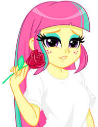 Size: 791x1031 | Tagged: safe, artist:rosemile mulberry, imported from derpibooru, sour sweet, equestria girls, eyeshadow, female, flower, freckles, lidded eyes, looking at you, makeup, rose, solo, white shirt