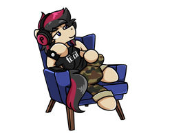 Size: 2560x2048 | Tagged: safe, artist:sugar morning, imported from derpibooru, oc, oc only, oc:porsche speedwings, pegasus, pony, armchair, bedroom eyes, camo pants, chair, chillaxing, clothes, headphone jack, headphones, looking away, male, phone, shirt, simple background, solo, stallion, t-shirt, tool (band), transparent background, watch, wristwatch