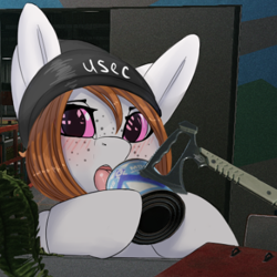 Size: 394x394 | Tagged: safe, artist:nording, artist:nording34, imported from derpibooru, oc, oc:kumikoshy, pony, beanie, blushing, condensed milk, escape from tarkov, freckles, hat, hatchet, milk, solo, tongue out, usec, video game