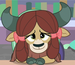 Size: 548x478 | Tagged: safe, imported from derpibooru, screencap, yona, yak, a horse shoe-in, bow, cloven hooves, cropped, cute, female, hair bow, horns, monkey swings, smiling, solo, yonadorable