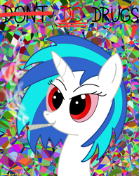 Size: 3016x3808 | Tagged: safe, alternate version, artist:rainbowšpekgs, imported from derpibooru, dj pon-3, vinyl scratch, pony, unicorn, bloodshot eyes, bust, drugs, female, high, joint, marijuana, portrait, red eyes, smoking, solo, stoned