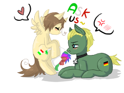 Size: 800x600 | Tagged: safe, artist:ask-pony-gerita, imported from derpibooru, earth pony, pony, ask, bouquet, cross, cross-popping veins, duo, female, flower, flying, heart, hetalia, jewelry, male, mare, necklace, pictogram, ponified, prone, simple background, smiling, stallion, transparent background