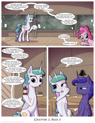 Size: 1200x1552 | Tagged: safe, artist:deusexequus, imported from derpibooru, pinkie pie, princess celestia, princess luna, alicorn, earth pony, pony, comic:fix, bottle, chalkboard, comic, luna is not amused, potion, royal sisters, speech bubble, unamused