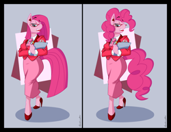 Size: 6300x4873 | Tagged: safe, artist:spiderweber, imported from derpibooru, pinkie pie, anthro, earth pony, clipboard, clothes, female, fusion, glasses, high heels, lipstick, mascot, miss pinkamena, ms. pink (rice krispies), necktie, office, office clothes, palindrome get, pencil, pinkamena diane pie, professional, rice krispies, shoes, skirt, skirt suit, solo, stiletto heels, straight hair, straight mane, suit