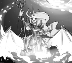 Size: 5104x4449 | Tagged: safe, artist:spiderweber, imported from derpibooru, princess celestia, alicorn, anthro, bat wings, beelzebub, black and white, chernabog, clothes, dress, evil celestia, fantasia, female, grayscale, horn, horns, monochrome, multiple horns, night on bald mountain, solo, souls, three horns, trident, wings