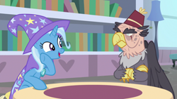 Size: 1920x1080 | Tagged: safe, imported from derpibooru, screencap, grampa gruff, trixie, griffon, pony, unicorn, a horse shoe-in, blind eye, cape, clothes, duo, eye scar, female, fez, hat, male, mare, scar, trixie's cape, trixie's hat