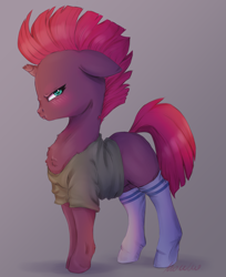 Size: 2965x3640 | Tagged: safe, artist:buttersprinkle, imported from derpibooru, fizzlepop berrytwist, tempest shadow, pony, unicorn, angry, blushing, broken horn, buttersprinkle is trying to murder us, chest fluff, clothes, cute, ears back, female, floppy ears, frown, grumpy, high res, hnnng, horn, i'm not cute, madorable, mare, profile, shirt, simple background, socks, solo, tempestbetes, thigh highs, tsundere, tsundere shadow, weapons-grade cute