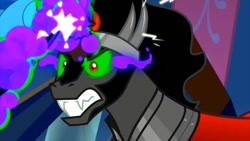 Size: 1280x720 | Tagged: safe, imported from derpibooru, screencap, king sombra, pony, unicorn, the beginning of the end, angry, attempted murder, blast, dark magic, desperate, fight, glowing horn, gritted teeth, horn, magic, male, satisfying frown, sombra eyes, stallion