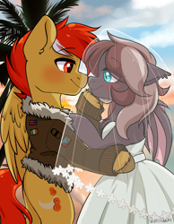 Size: 1062x1370 | Tagged: safe, artist:cottonsweets, artist:smolducko, imported from derpibooru, oc, oc:efflorescence, oc:sanguine sky, bat pony, pegasus, pony, bat pony oc, bat wings, beach, bomber jacket, clothes, couple, dress, duo, female, jacket, male, mare, marriage, oc x oc, palm tree, pegasus oc, shipping, stallion, tree, veil, wedding, wedding dress, wedding veil, wings