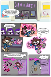 Size: 2240x3360 | Tagged: safe, artist:joeywaggoner, imported from derpibooru, pinkie pie, oc, human, bin, bow, changing room, character to character, clothes, comic, commission, dialogue, doll, dress, goth, gothic pinkie, hair bow, hairband, hairclip, hand in pocket, hands in pockets, hat, high heels, high res, hoodie, human oc, levitation, looking at self, magic, male, male to female, onomatopoeia, open mouth, pac-man eyes, pacman eyes, pants, pinkie mask, pinkie pie's boutique, pointing, rule 63, shelf, shirt, shoes, smiling, speech bubble, store, sunglasses, surprised, telekinesis, the mask, toy, transformation, transgender transformation, undressing