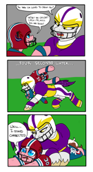 Size: 4200x7800 | Tagged: safe, artist:pony quarantine, imported from derpibooru, oc, oc only, oc:bella blitz, oc:first down, 3 panel comic, clothes, football field, football helmet, helmet, simple background, smug, speech bubble, tackle, text, uniform